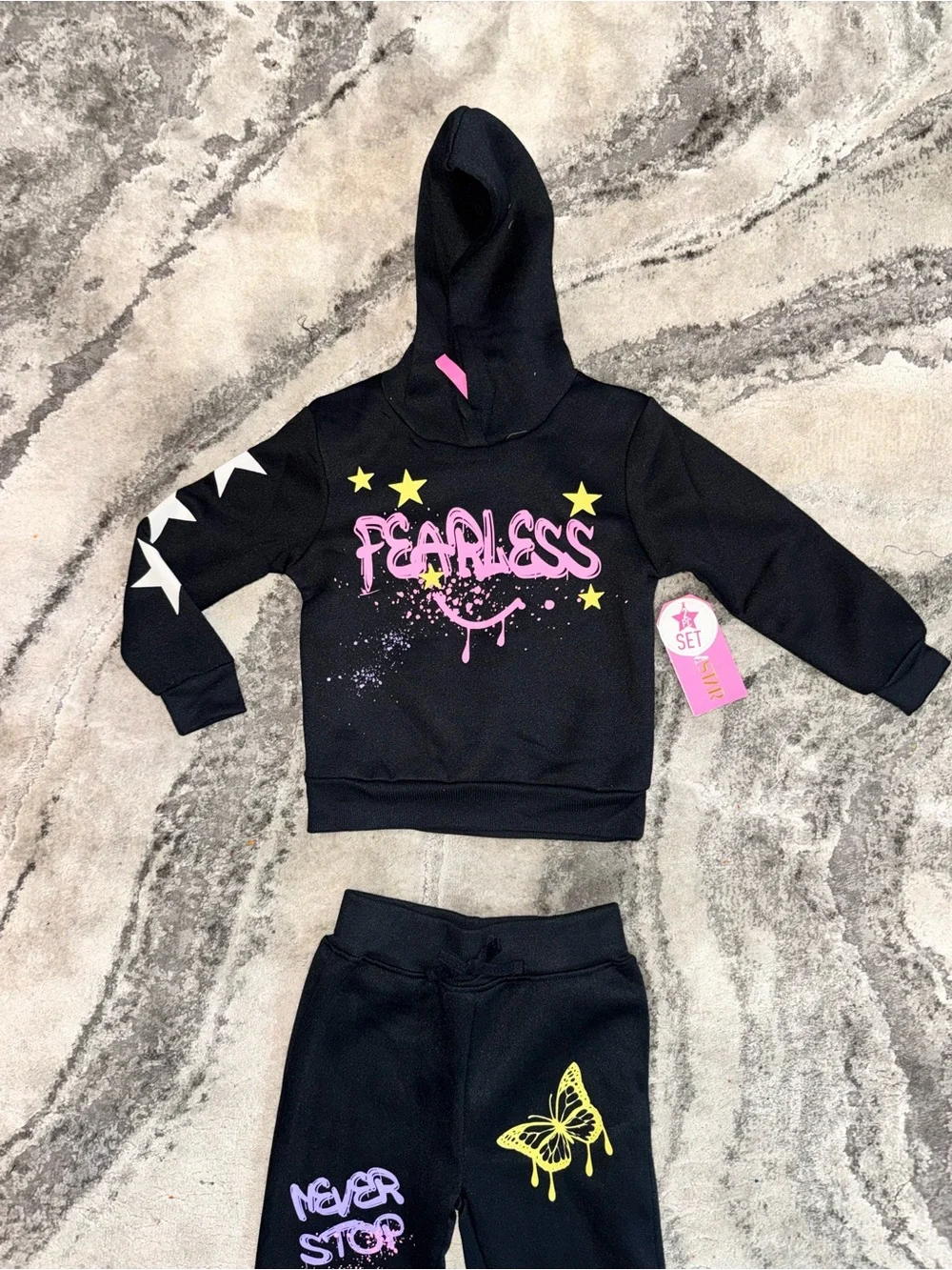 Black 'Fearless' Hoodie & Jogger Set with Neon Graphics